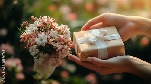 Gift Wrapped in Brown Paper Held in Hands Near Blooming Flowers in a Garden a...