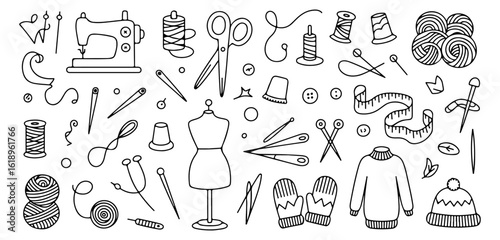 Charming Hand-Drawn Sewing and Knitting Elements Seamless Pattern, an Artistic Expression of Crafting Hobbies.