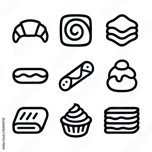 Fancy Pastry Icons. Solid, filled icon set of fancy pastries: croissant, Danish pastry, puff pastry, éclair, cannoli, profiterole,