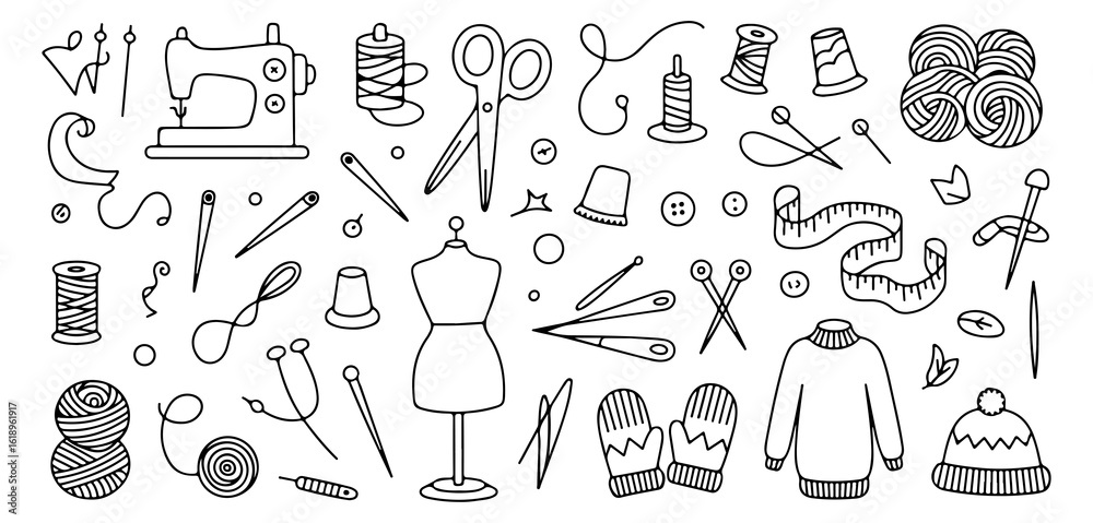 Naklejka premium Charming Hand-Drawn Sewing and Knitting Elements Seamless Pattern, an Artistic Expression of Crafting Hobbies.