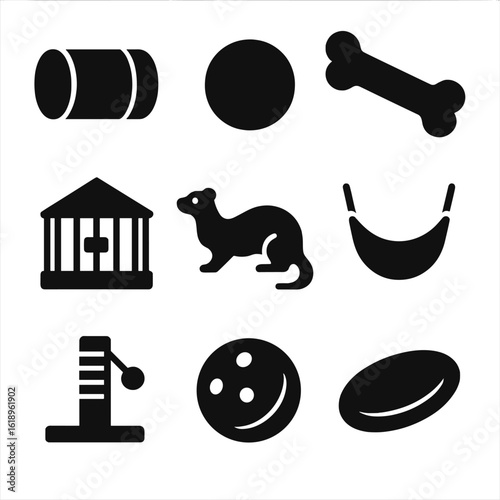 Ferret Playtime Icons. Solid, filled icon set of ferret playtime: tunnel, ball, chew toy, frisbee, cage, ferret, hammock,