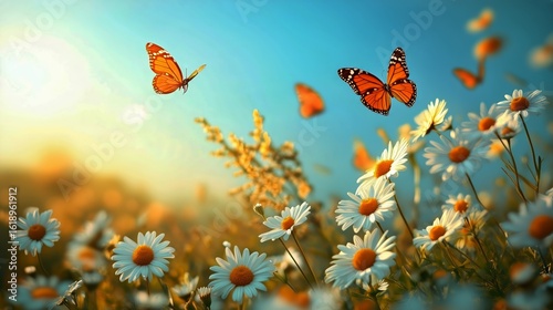 Vibrant Butterflies Flutter Over Blooming Daisies in a Sunlit Meadow During S...