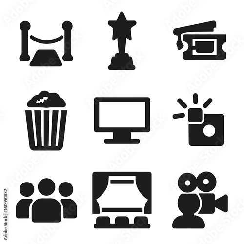 Film Festival Icons. Solid, filled icon set of film festival elements: red carpet, award trophy, ticket stub, popcorn, film screen