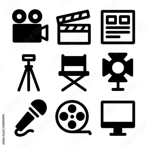 Film Icon Set. Solid, filled icon set of film and video composition: camera, clapperboard, storyboard, tripod, director chair,