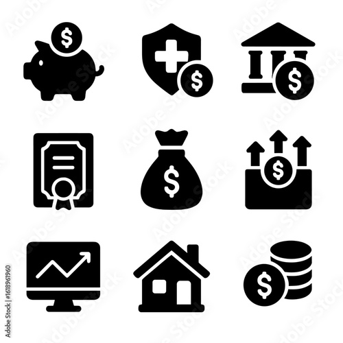 Finance Icons Grid. Solid, filled icon set of savings and investments: savings account, emergency fund, retirement savings, bonds,