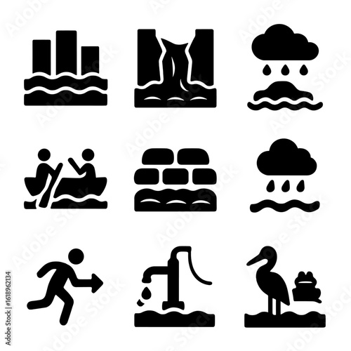 Flood Scenario Icons. Solid, filled icon set of flood scenario: rising water, broken dam, flooded street, boat rescue, sandbag