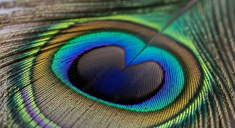 Naklejka premium Mesmerizing Macro: Intricate Details of a Peacock Feather, Unveiling the Splendor of Peacock Feathers Up Close