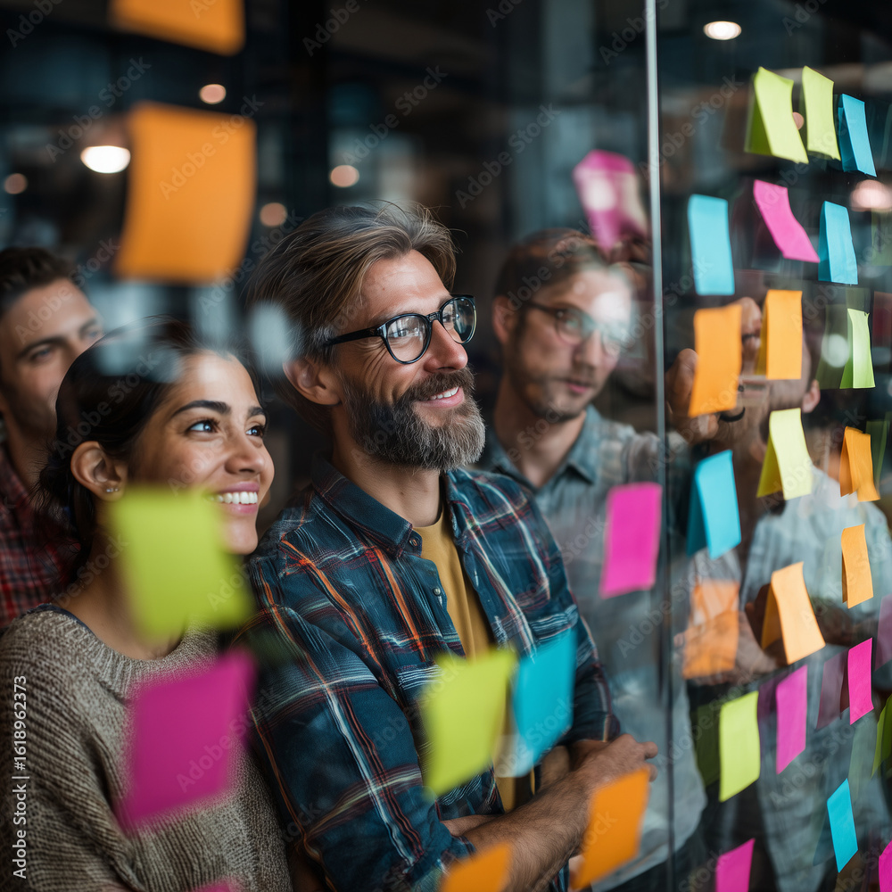 Obraz premium Diverse Startup Team Brainstorming with Sticky Notes in Modern Canadian Office