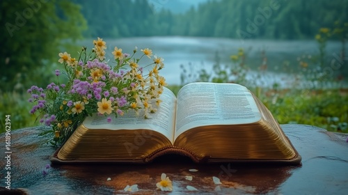 Open Book With Flowers on Wooden Table Near Serene Lake in Lush Landscape
