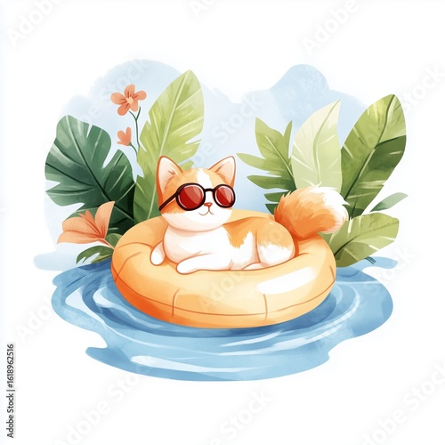 Adorable Cat Relaxing on a Pool Float in a Tropical Paradise