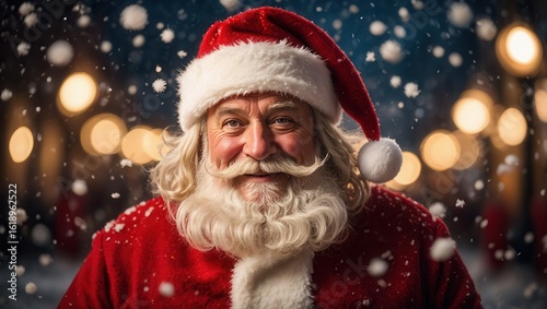 Joyful Santa Claus Surrounded by Snowflakes and Festive Lights, Spreading Cheer and Warmth During the Holiday Season
