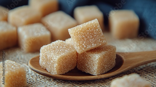 Sweet Brown Sugar Cubes Arranged on a Wooden Spoon With More Cubes Scattered ...
