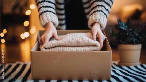 Preparing a Box of Cozy Sweaters for Donation During Winter Season.