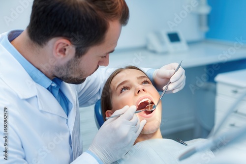A Dentist Examines a Patient's Teeth with Precision Tools in a Modern Clinic Environment, Ensuring Oral Health and Hygiene During a Routine Checkup