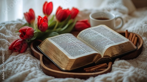 Cozy Reading Nook With Open Book, Fresh Flowers, and Warm Drink by the Window