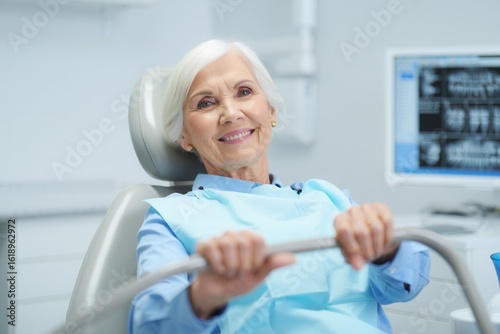 Happy Senior Woman Smiling in Dental Chair During Routine Check-Up, Showcasing Comfort and Care in Modern Dentistry Environment