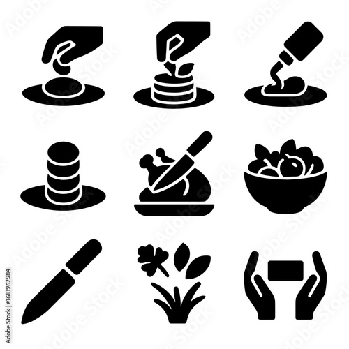 Food Presentation Icons. Solid, filled icon set of food presentation techniques: plating, garnishing, drizzling sauce, stacking,