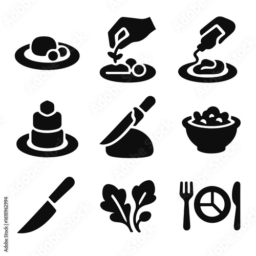 Food Presentation Icons. Solid, filled icon set of food presentation techniques: plating, garnishing, drizzling sauce, stacking,