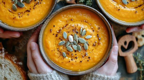 Creamy Pumpkin Soup Served in Rustic Bowls With Toppings During Autumn Gathering