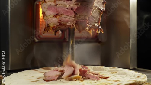 Delicious shawarma meat being shaved onto flatbread for a tasty wrap or gyro sandwich meal food video 4k