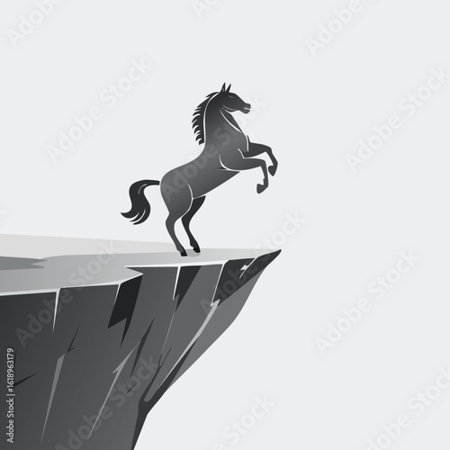 A black silhouette flat vector of a rearing horse standing on the edge of a cliff. The horse is lifting both front legs in a dynamic pose, symbolizing strength and freedom. EPS format, ideal for logos