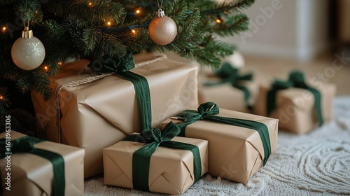 Holiday Decorations With Gifts Under a Christmas Tree in a Cozy Living Room S...