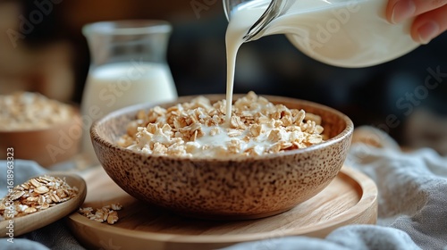 Morning Routine Highlights Healthy Breakfast Preparation With Oatmeal and Mil...