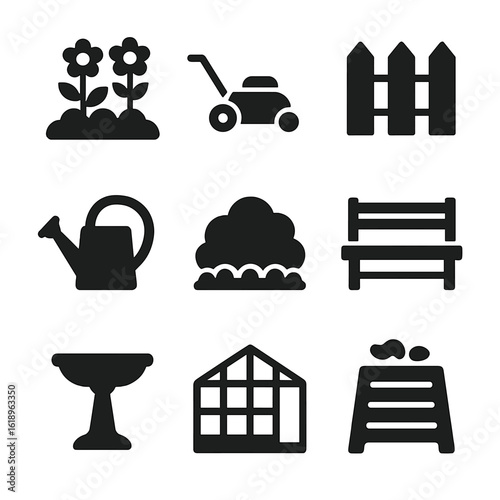 Garden Icon Set. Solid, filled icon set of garden landscape: flower bed, lawn mower, garden fence, watering can, hedge, garden