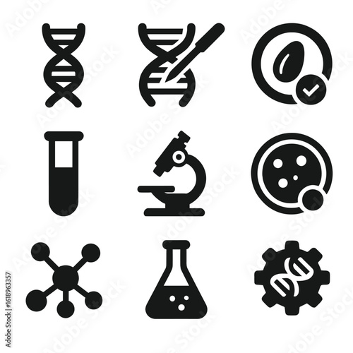 Genetic Icons Grid. Solid, filled icon set of genetic improvements: DNA helix, gene editing, seed selection, test tube, microscope