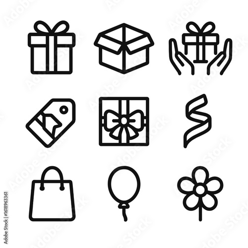 Gift Icon Grid. Solid, filled icon set of gift presentation: gift box with ribbon, open gift box, hands presenting gift, gift tag,