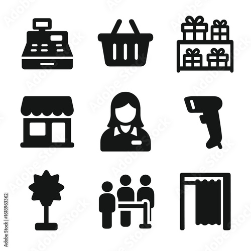 Gift Store Icons. Solid, filled icon set of Gift store elements: cash register, shopping basket, display shelf, storefront, sales