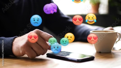 Person using phone with floating sad emojis near coffee cup on a wooden table indoors view