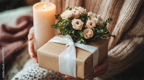 Gift Box With Flowers and Candle Creates a Cozy Atmosphere at Home.
