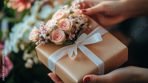 Gift Wrapped in Brown Paper Held in Hands Near Blooming Flowers in a Garden a...