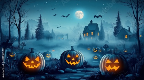 Spooky Halloween Night With Glowing Pumpkins and Eerie Moonlight Over Ghostly...