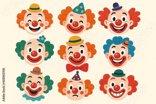 Colorful Cartoon Clown Faces with Whimsical Expressions and Circus Theme