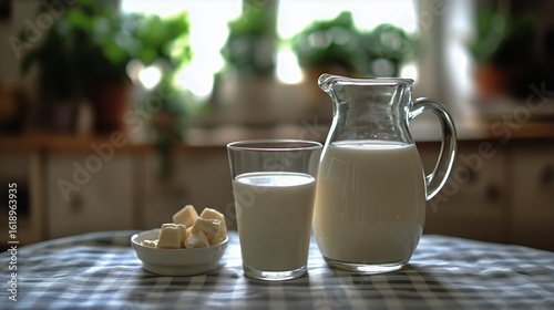 Fresh Milk Served in a Glass and Jug With Sugar Cubes on a Checkered Tableclo...
