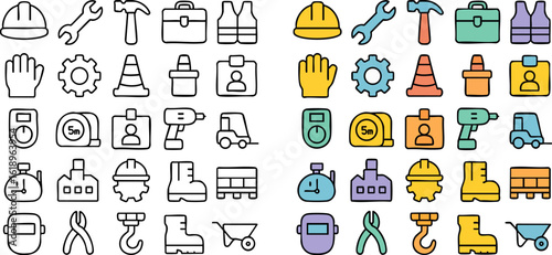 Construction and Industrial Tools and Safety Equipment Icons Set.