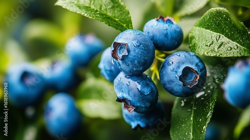Fresh Blueberries Hanging on the Plant During Summer Sunlight in a Vibrant Ga...