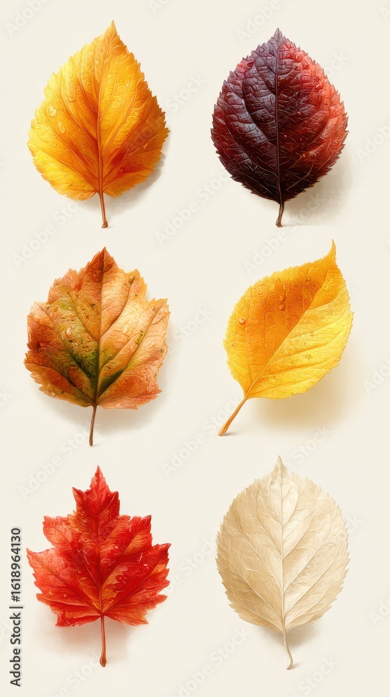 Obraz premium Colorful autumn leaves variety arranged artistically on a light background showcasing the beauty of seasonal change