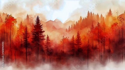 Autumn Landscape Showcasing Vibrant Orange and Red Foliage in a Misty Forest ...