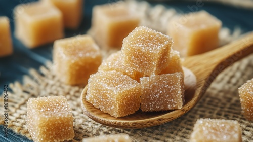 Sweet Brown Sugar Cubes Arranged on a Wooden Spoon With More Cubes Scattered ...