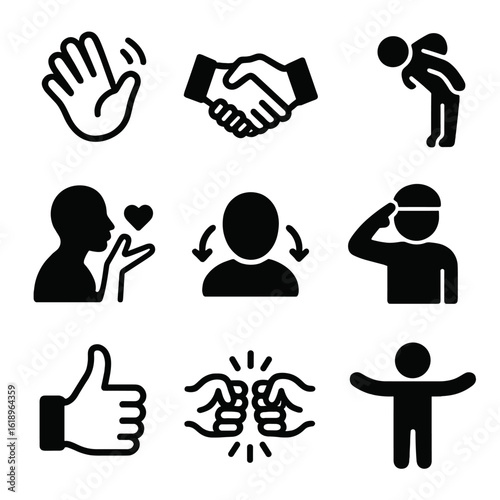 Greeting Icon Set. Solid, filled icon set of greeting gestures: hand wave, handshake, bow, salute, air kiss, nod, thumbs up, fist