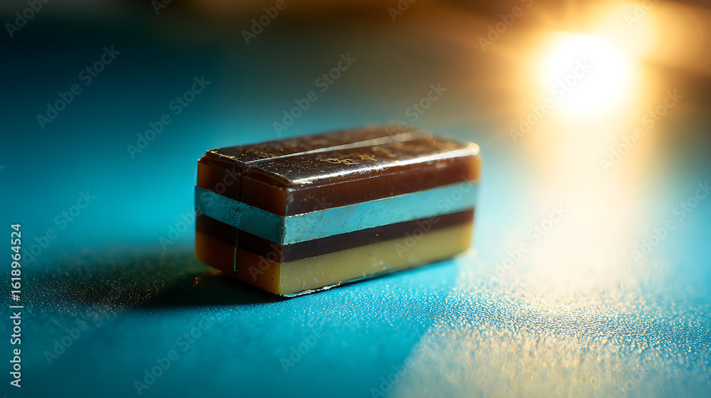 Rectangular layered electronic component with metallic silver and brown chocolate colored layers and aqua blue stripe Rectangular layered electronic component with metallic silver and brown chocolate colored layers and aqua blue stripe