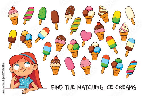 Summer-themed puzzle for kids find the two identical ice creams among many fun and colorful treats. Great for attention, observation, and visual matching skills. Find the Match. Cartoon character