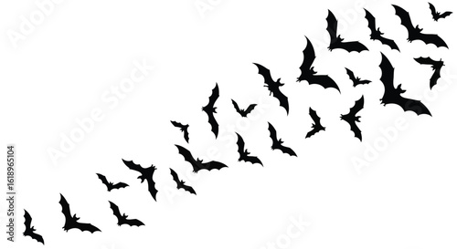 Black bats flying in a swarm across a white background silhouette vector