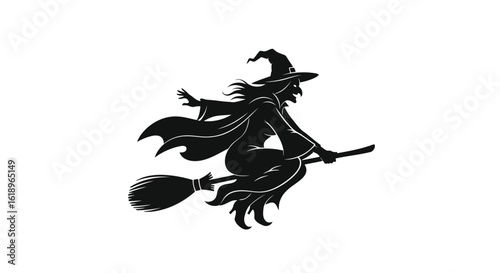 Black silhouette of a witch flying on a broomstick vector