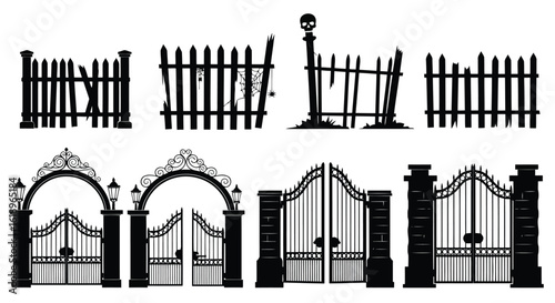 Broken picket fences and ornate wrought iron gates with lamps vector