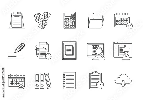 Calendar calculator files folders documents computer hourglass clipboard notebook binders marker vector icons