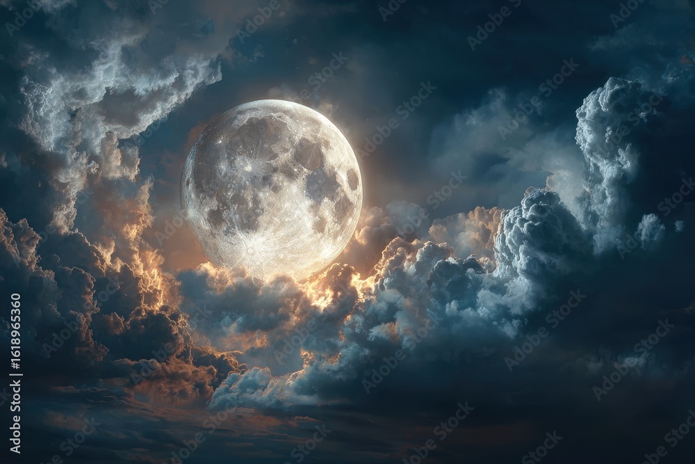 Fototapeta premium Glowing full Moon shines through storm clouds during the nighttime in the dark sky, illuminating the ground below